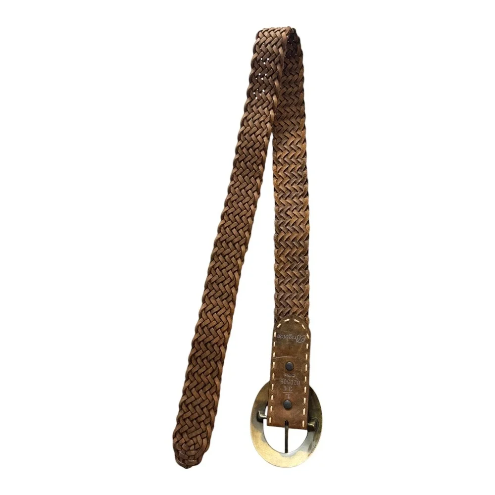 Vtg Brighton‎ Womens Braided Leather Belt L/34 Brown Brass Buckle Boho Western